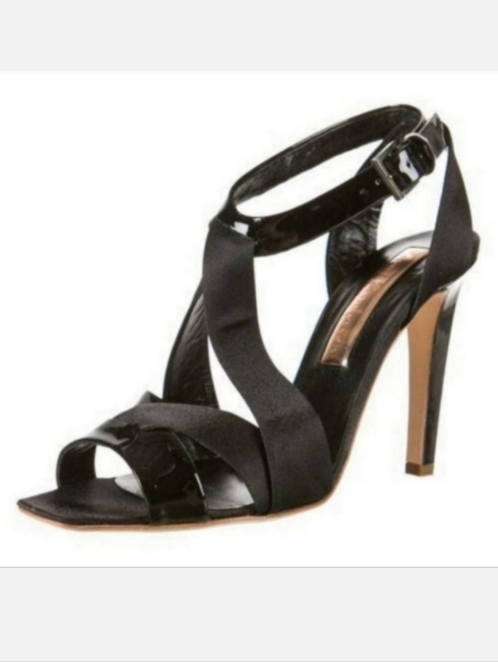 Rupert Sanderson Jake Wave Satin Patent Leather Strappy Heeled Sandal Black 36.5